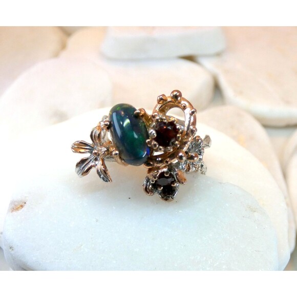 AAA 5ct Australian Black Opal-Hessonite Garnet Sterling Silver Ring Sz 8 - Picture 3 of 8